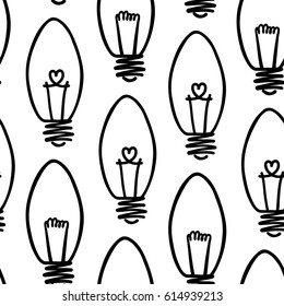 Lamp, light bulb with heart seamless pattern design. Hand drawn doodle light bulb icon. Concept of big idea inspiration, innovation, love. Vector illustration. Idea and love symbol. Sketch.  