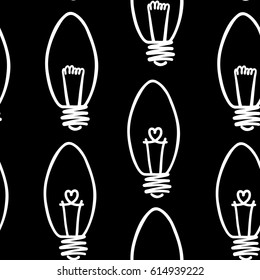 Lamp, light bulb with heart seamless pattern design. Hand drawn doodle light bulb icon. Concept of big idea inspiration, innovation, love. Vector illustration. Idea and love symbol. Sketch.  
