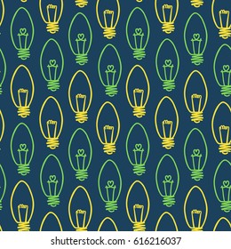 Lamp, light bulb with heart seamless pattern design. Hand drawn doodle light bulb icon. Concept of big idea inspiration, innovation, love. Vector illustration. Idea and love symbol. Sketch.  