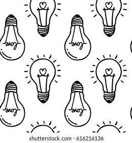 Lamp, light bulb with heart seamless pattern design. Hand drawn doodle light bulb icon. Concept of big idea inspiration, innovation, love. Vector illustration. Idea and love symbol. Sketch.  