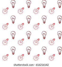 Lamp, light bulb with heart seamless pattern design. Hand drawn doodle light bulb icon. Concept of big idea inspiration, innovation, love. Vector illustration. Idea and love symbol. Sketch.  