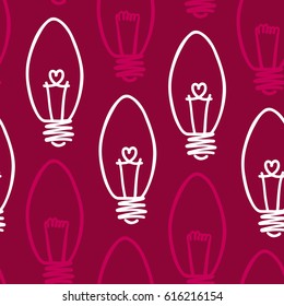 Lamp, light bulb with heart seamless pattern design. Hand drawn doodle light bulb icon. Concept of big idea inspiration, innovation, love. Vector illustration. Idea and love symbol. Sketch.  