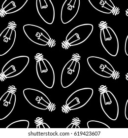 Lamp, light bulb with heart seamless pattern design. Hand drawn doodle light bulb icon. Concept of big idea inspiration, innovation, love. Vector illustration. Idea and love symbol. Sketch.