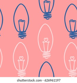 Lamp, light bulb with heart seamless pattern design. Hand drawn doodle light bulb icon. Concept of big idea inspiration, innovation, love. Vector illustration. Idea and love symbol. Sketch.  