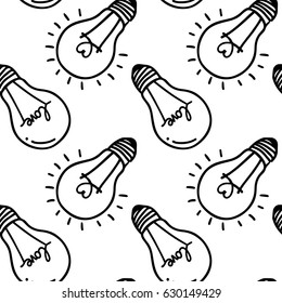 Lamp, light bulb with heart seamless pattern design. Hand drawn doodle light bulb icon. Concept of big idea inspiration, innovation, love. Vector illustration. Idea and love symbol. Sketch.  