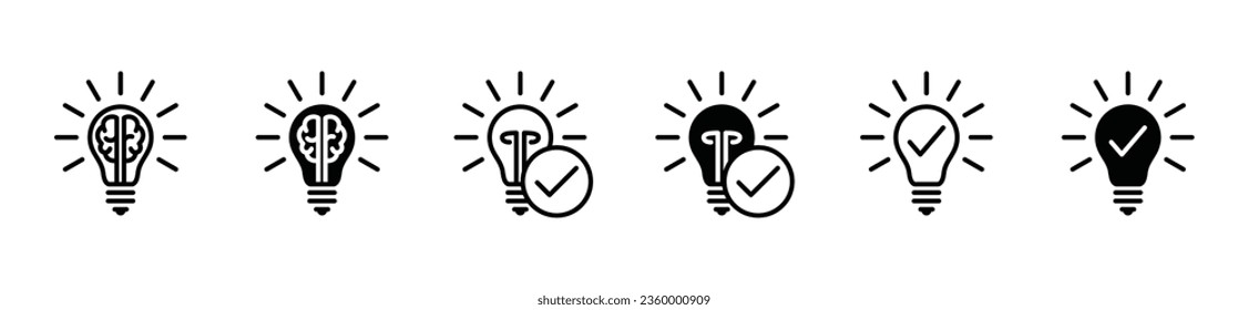 Lamp or light bulb icons set. Creativity icon collection. Creative business, innovation, solution, idea, brain, smart, check mark, intelligent icon symbol in line and flat style. Vector illustration