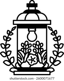 A lamp with a light bulb inside and a flower on top