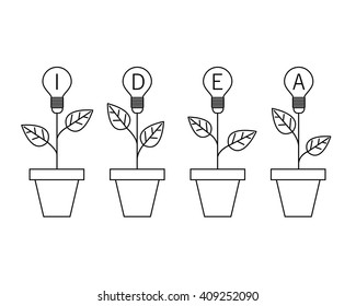 Lamp light bulb plant in the pot. Growing idea concept. Line design. Vector illustration.