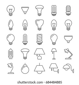 Lamp and light bulbs line icons collection. Light lamp variation, table and wall illustration vector