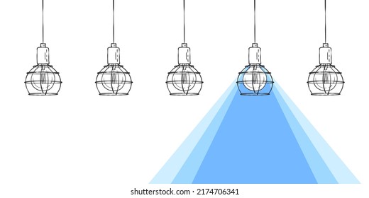 Luz de la lámpara. Lámpara dibujada a mano con un rayo de luz. Ilustración del vector
