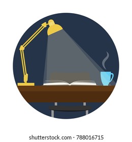 Lamp and light falling on an open book lying on a table. Vector illustration.