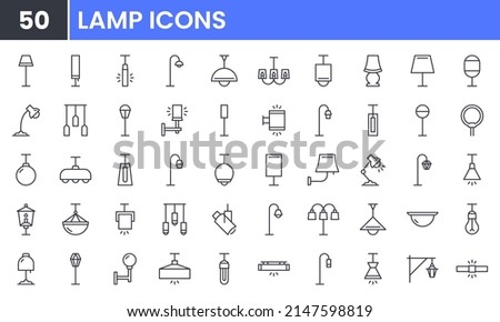 Lamp and Lighting Design vector line icon set. Contains linear outline icons like Floor Light, Spotlight, Desk Lamp, Lantern, Chandelier, Ceiling, Led, Bulb, Backlight. Editable use and stroke for web