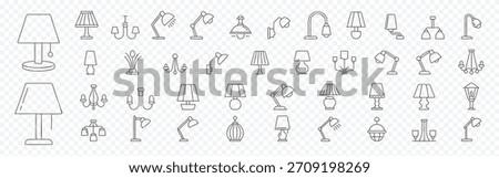 Lamp and lighting line icon set – editable outline symbols of table lamp, chandelier, desk light, sconce and floor lamp