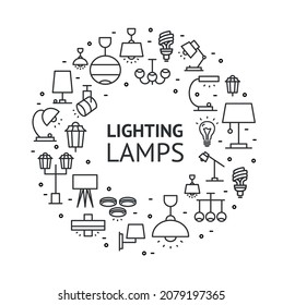 Plantilla de diseño de redondeo de iluminación de lámpara Banner de icono de línea delgada para la tienda. Ilustración vectorial de las luces lineales