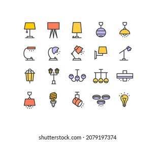 Lamp Lighting Sign Color Thin Line Icon Set Include of Chandelier and for Table. Vector illustration of Lamps Icons