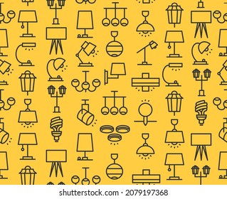 La iluminación de la lámpara de la línea delgada firma un fondo de patrón sin problemas en un amarillo para el diseño de aplicaciones y web. Ilustración del vector