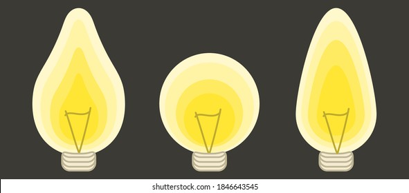 Lamp lights cartoon flat style electricity yellow lightbulb vector illustration