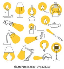 Lamp Lights. Line Drawing of a Set of Lamp and Lighting Equipments.