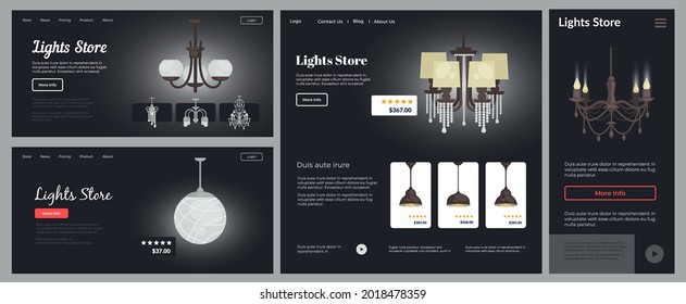 Lamp lights in store design, web page set, vector illustration. Online shop with flat home decoration, landing banner collection. Interior furniture at website, internet template concept.