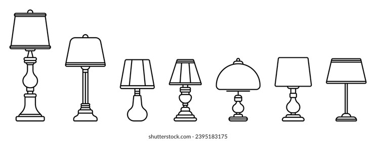 Lamp line icon set collection. Modern Vector Lamp Design for Elegant Home Illumination. Decorative table lamps isolated on white background. Lighting home accessories. Lights elements vector clipart.