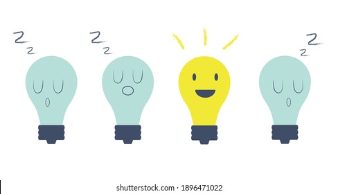 Icono de la línea de la lámpara con la cara. Colección de ilustraciones de lámparas Idea emogi. Estilo plano sobre fondo blanco - vector de stock.10EPS