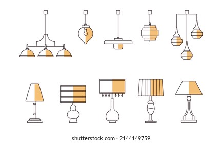 Lamp line icon set. Table lamps and  Pendant illumination symbol. Chandelier light. Vector