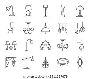 Ícones de linha de lâmpada, lanterna e lustre, vela e holofote, halogênio e lanterna elétrica, iluminação interior vetorial. Luzes de casa e lâmpadas de teto lustre ou mesa e lâmpada de parede