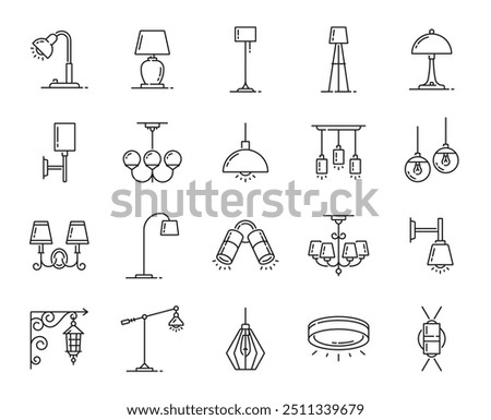 Lamp line icons, lantern and chandelier, candle and spotlight, halogen and flashlight, vector interior illumination. Home lights and lamp bulbs of ceiling chandelier or table and wall lamp sconce