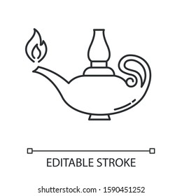 Lamp linear icon. Lit glowing ancient oil lantern. Bible spiritual symbol. Middle Eastern fairytale lamp. Thin line illustration. Contour symbol. Vector isolated outline drawing. Editable stroke
