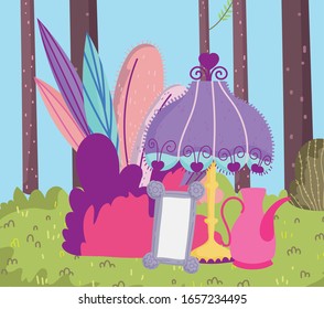 espejo de lámpara teapot árboles bosque pradera caricatura ilustración vectorial