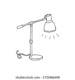Lamp with modern adjustable stand for reading and working, hand drawn outline illustration icon. Reading desk light, original cartoon sketch decoration. Electric table furniture and office equipment.