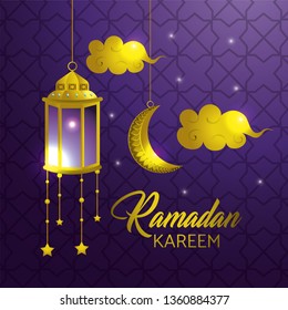 lamp with moon and clouds hangint to ramadan kareem