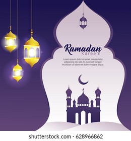 Lámpara con adorno de mezquita para saludar el trasfondo Ramadan Kareem. Ilustración vectorial