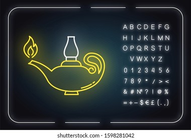 Lamp neon light icon. Lit glowing ancient oil lantern. Bible spiritual symbol. Middle Eastern fairytale burning lamp. Glowing sign with alphabet, numbers and symbols. Vector isolated illustration