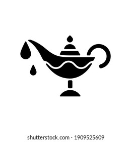 Lamp oil black glyph icon. Ramadan traditional item. Everyone is keeping fire in house. Religious traditions. Interesting ritual. Silhouette symbol on white space. Vector isolated illustration