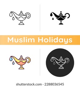 Lamp oil icon. Ramadan traditional item. Everyone is keeping fire in house. Religious traditions. Interesting ritual. Linear black and RGB color styles. Isolated vector illustrations
