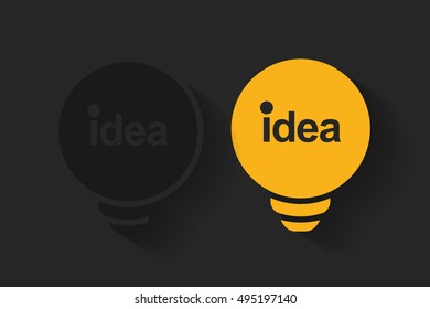 Lamp on black background. Idea bulb concept. Light orange bulb icon, vector illustration of idea concept. Idea word and white light bulb. Idea shining symbol. Sign of idea for web presentation