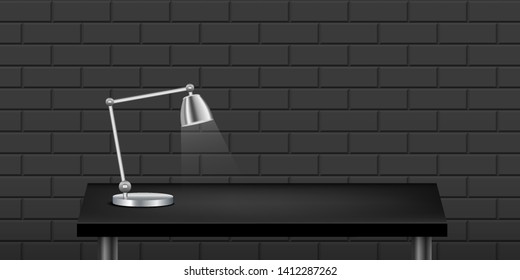 Lamp on black realistic table, textured wall black backgound. Interior design. Template for Object Presentation. Vector Illustration. EPS 10