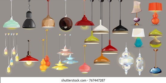 lamp on gray background.Furniture icons.Chandeliers, lamps, bulbs, luster, electrolier,illuminator.Elements of interior.Modern interior.Vector Isolated Lamp.Chandeliers big set