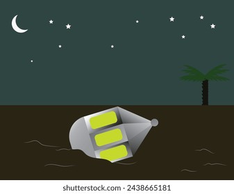 A lamp on ground in desert, moon and star shining.
A palm tree looking in the right side, 