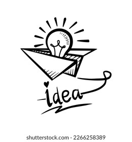 lámpara en avión de papel, símbolo de idea creativa, ilustración vectorial.