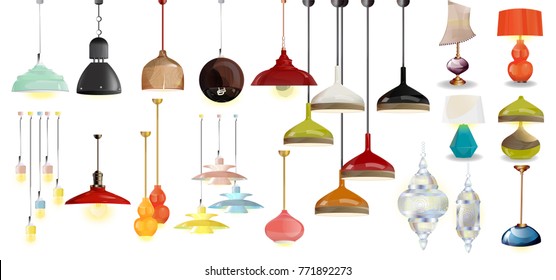lamp on white background.Furniture icons. Chandeliers, lamps, bulbs, luster, electrolier, illuminator.Elements of interior. Modern interior. Vector Isolated Lamp. Chandeliers big set