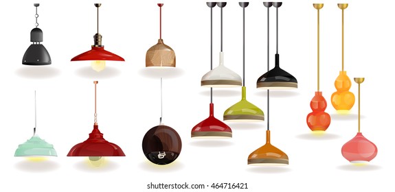 Lampe auf weißem Hintergrund.Möbelsymbole.Kronleuchter, Lampen, Glanz, Elektrolier, Beleuchtungskörper.Modernes Interieur.Vektorisoliertes Leuchten.