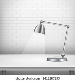 Lamp on white realistic table, textured wall white backgound. Interior design.  Template for Object Presentation. Vector Illustration. EPS 10