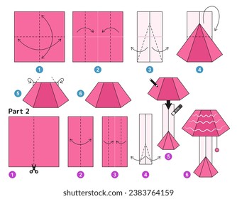 Lamp origami scheme tutorial moving model. Origami for kids. Step by step how to make a cute origami floor lamp. Vector illustration.
