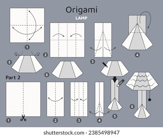 Lamp origami scheme tutorial moving model. Origami for kids. Step by step how to make a cute origami floor lamp. Vector illustration.