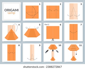 Lamp origami scheme tutorial moving model. Origami for kids. Step by step how to make a cute origami floor lamp. Vector illustration.