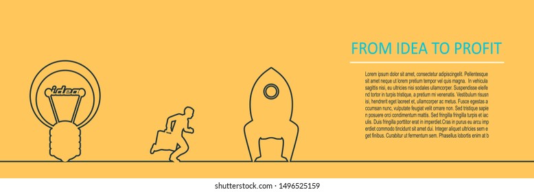 Lamp outline icon. Illustration of brainwork, idea appearance. Switch on bulb icon with idea text. Rocket and running businessman