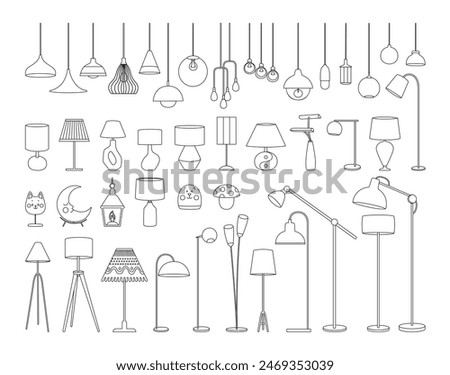 Lamp outline icon set. Line art vector floor lamp, nightlights, chandeliers ceiling lamp, table lamp. Linear sketches of interior light furniture for decor. Vector illustration isolated on white.