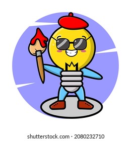 Lamp painter cartoon character with hat and a brush to draw   cute style design for t-shirt, sticker, logo element for t-shirt, sticker, logo element